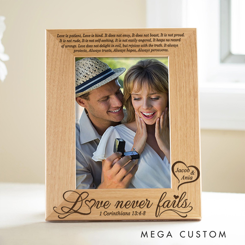 Personalized Love is Patient Love is Kind Love Never Fails Poem Wooden Picture Frame with Names Christian Wedding Gift Anniversary Gift for Couple