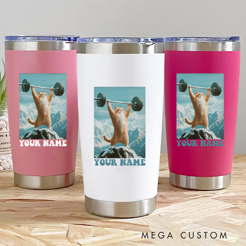 Personalized Fitness Tumbler Coffee Stainless Steel Tumbler with Hilarious Cat Weightlifting on Mountain for Fitness Enthusiasts Bodybuilders and Gym Lovers