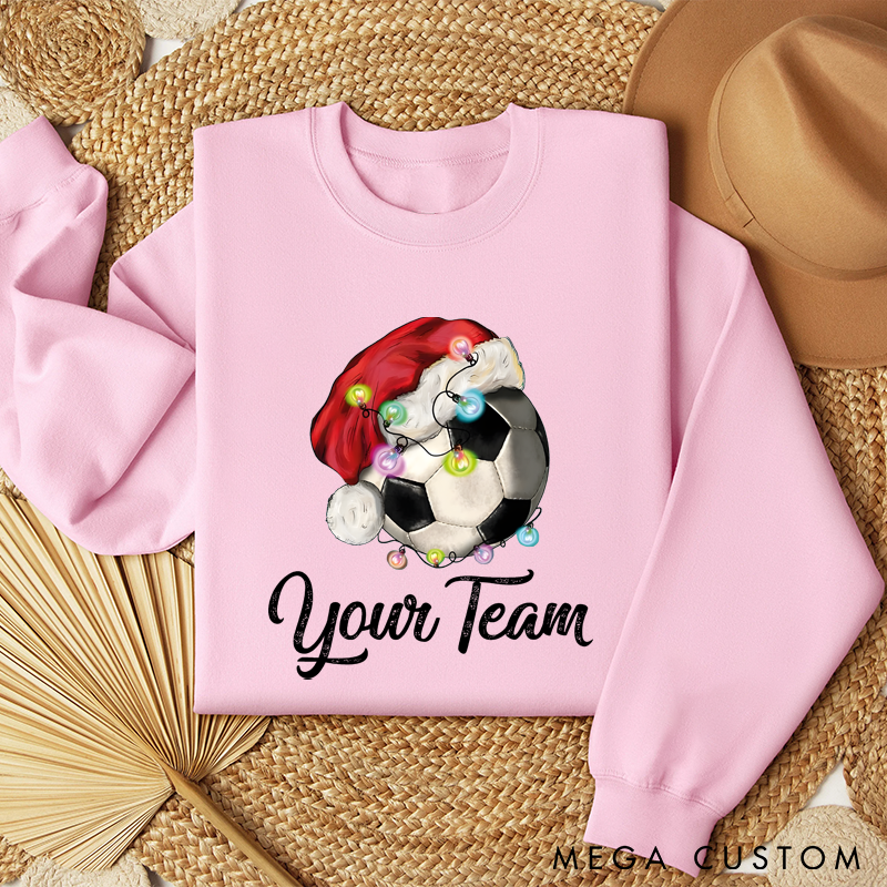 Personalized Christmas Soccer Sweatshirt with Custom Team Name and Festive Santa Hat Design