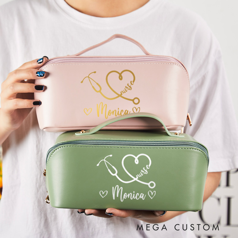 Personalized Leather Cosmetic Bag for Nurse Large Capacity Makeup Bag Leather Storage Organizer Gift