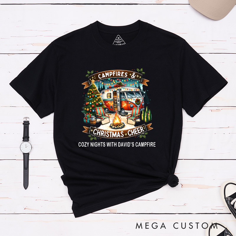 Personalized Campfires Christmas Cheer T-Shirt Merry Christmas Shirt Gift for Camping Outdoors Lover