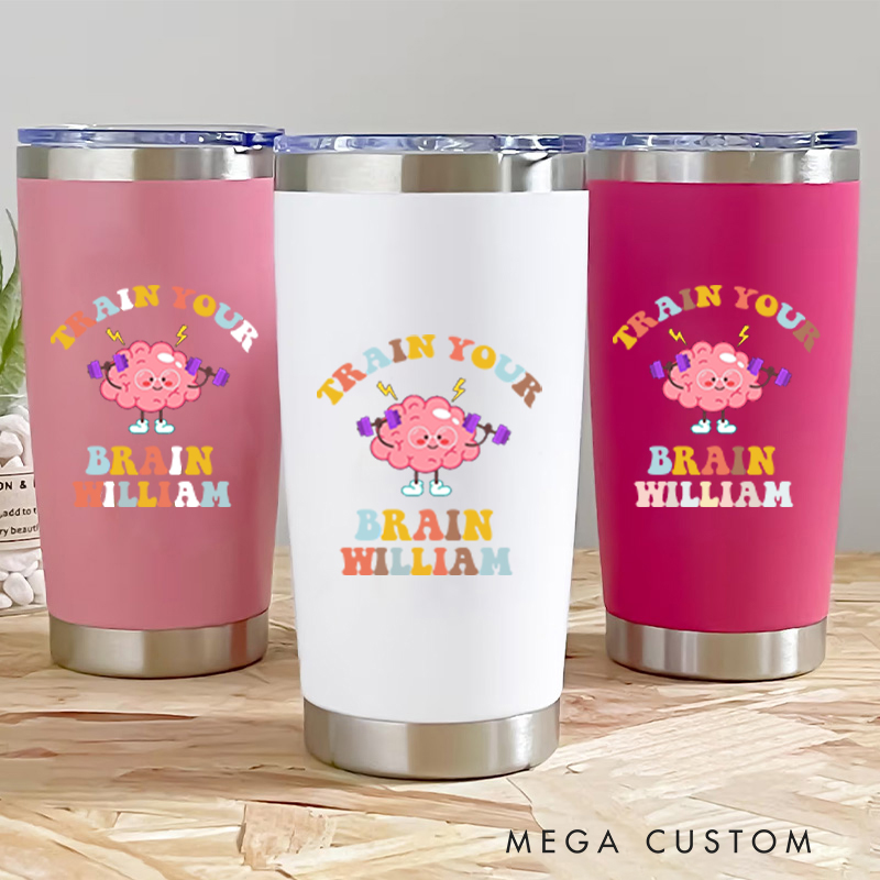 Personalized Fitness Tumbler Coffee Stainless Steel Tumbler with Train Your Brain Dumbbell Lifting Brain for Fitness Enthusiasts Bodybuilders and Gym Lovers