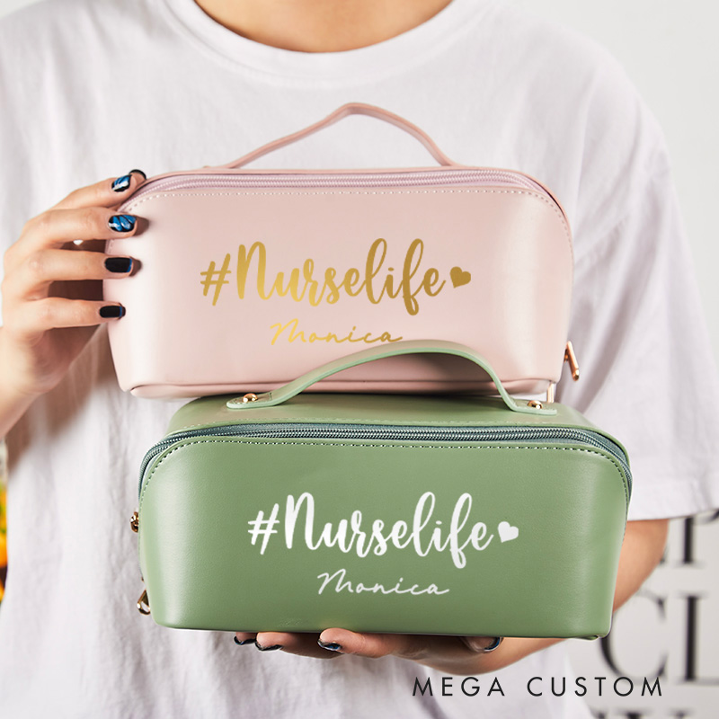Personalized Leather Cosmetic Bag for Nurse Large Capacity Makeup Bag Leather Storage Organizer Gift