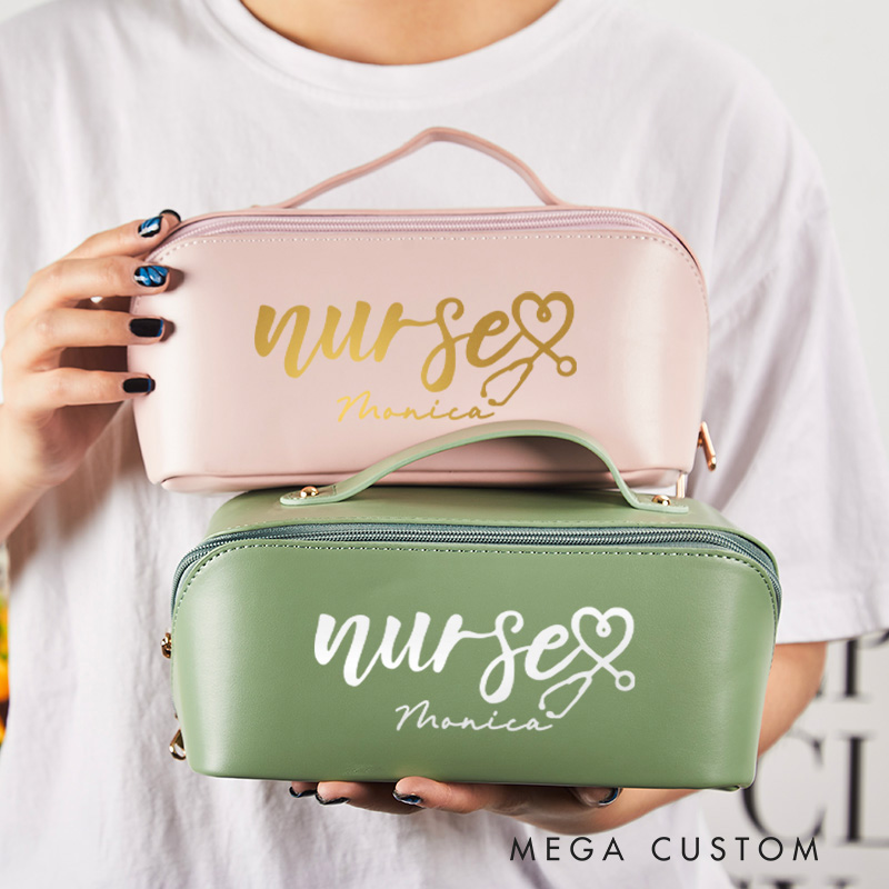 Personalized Leather Cosmetic Bag for Nurse Large Capacity Makeup Bag Leather Storage Organizer Gift