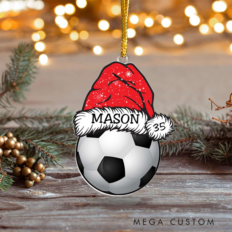 Personalized Soccer Ball Acrylic Christmas Ornament with Custom Name, Number, and Santa Hat Design