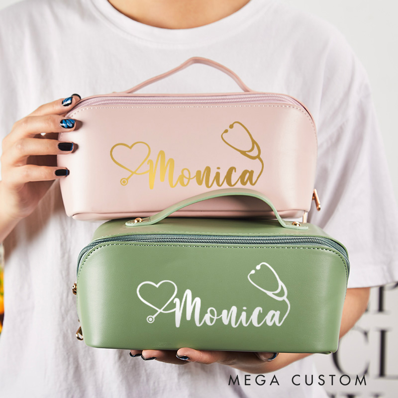 Personalized Leather Cosmetic Bag for Nurse Large Capacity Makeup Bag Leather Storage Organizer Gift