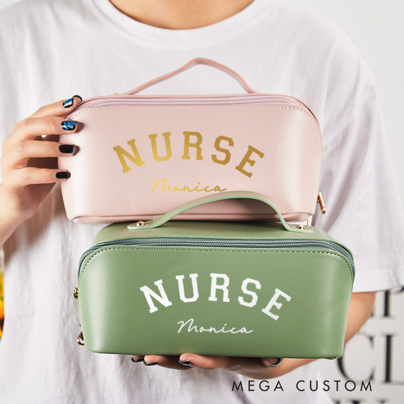Personalized Leather Cosmetic Bag for Nurse Large Capacity Makeup Bag Leather Storage Organizer Gift