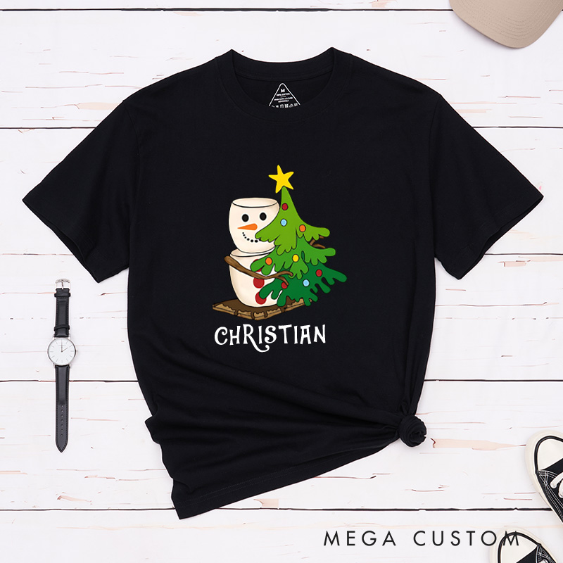 Personalized Marshmallow Snowman Hugging a Christmas Tree T-Shirt Christmas Camping Shirt Gift for Outdoor Hiking Lover