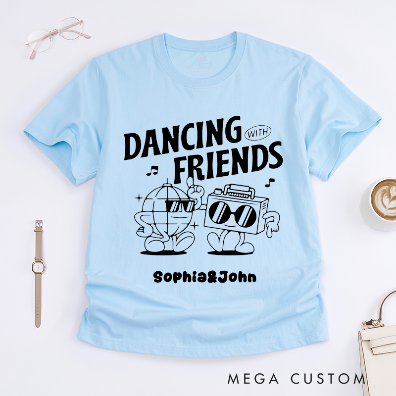 Personalized Dancing With Friends T-Shirts Custom Name Fun Cartoon Disco Ball and Boombox Graphic Gift for Dance Lovers Unisex Trendy Tee