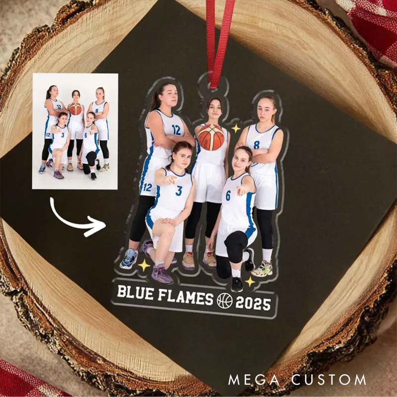 Personalized Team Photo Basketball Acrylic Christmas Ornament with Custom Name, Year, and Star Design
