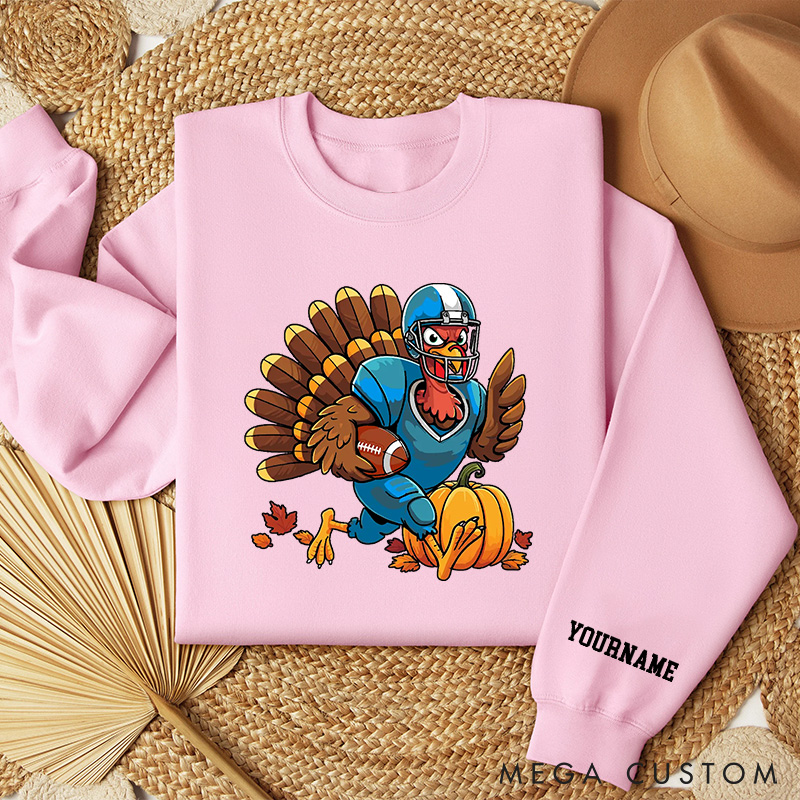 Personalized American Football Turkey Sweatshirt with Custom Name for Thanksgiving Day