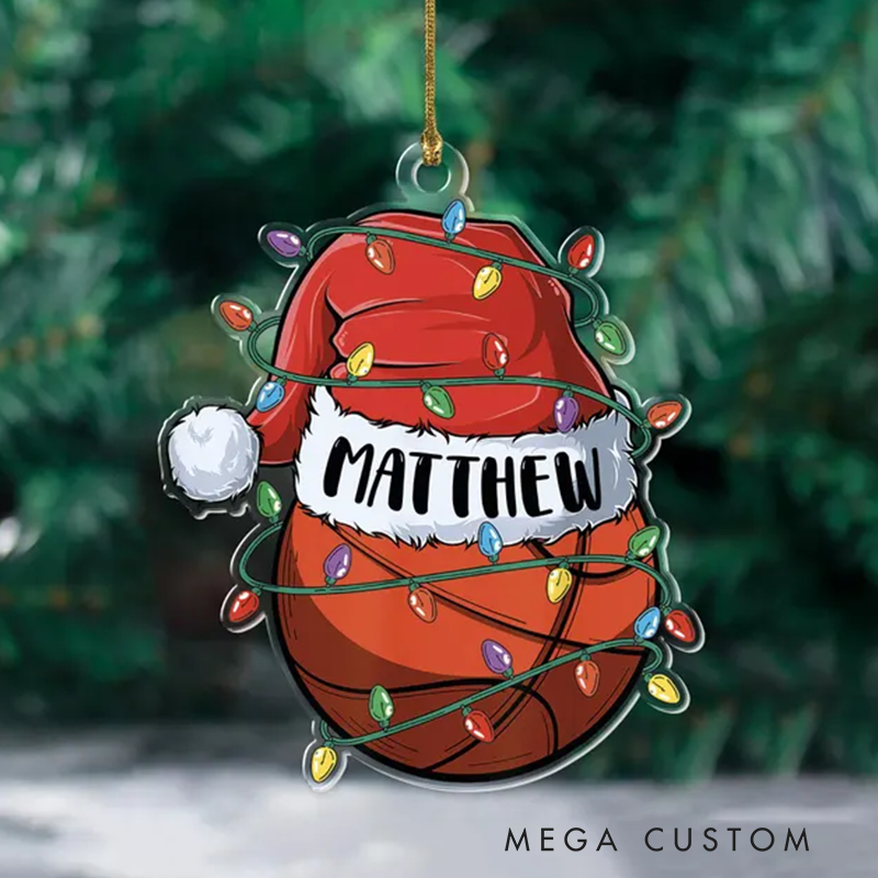 Personalized Basketball Acrylic Christmas Ornament with Santa Hat, Custom Name, and Festive Lights Design