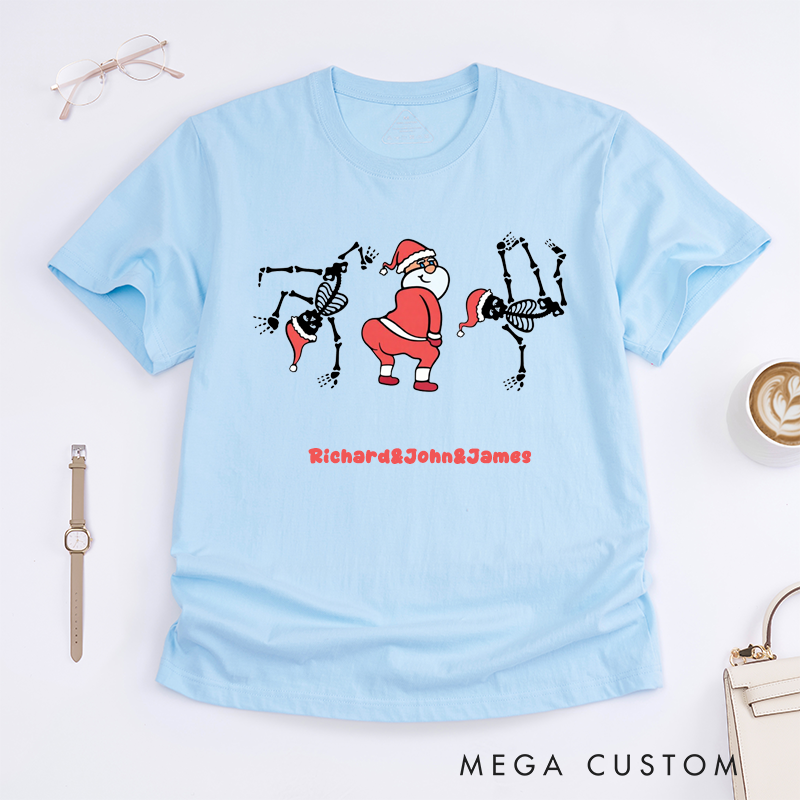 Personalized Funny Santa Skeleton Dance T-Shirts Unisex Custom Name Gift Humorous Family Matching Xmas Shirt for Men Women