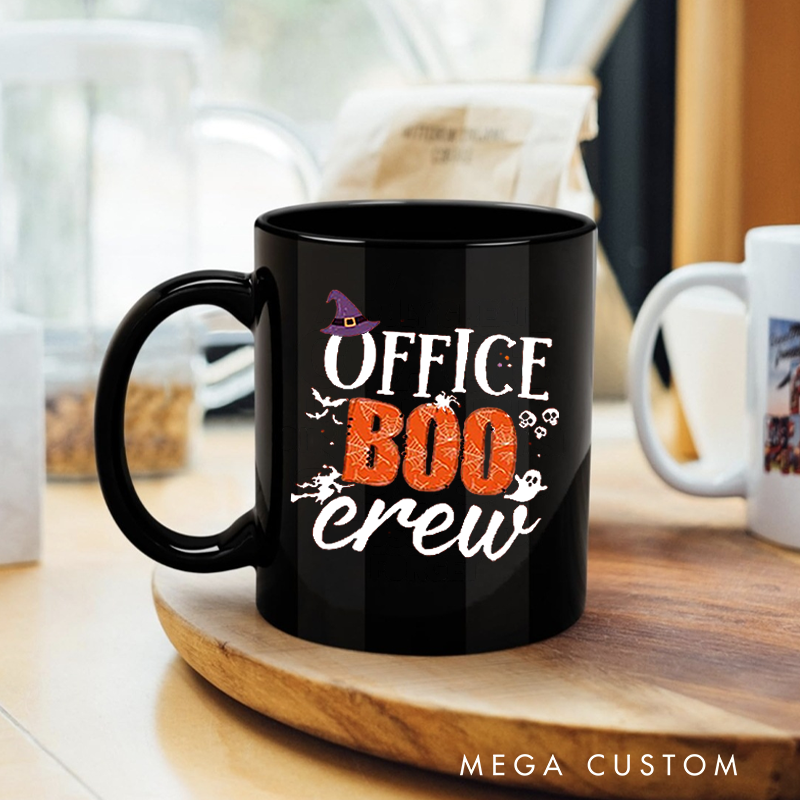 Personalized Office Worker Mug Gift Office Boo Crew with Bats Spiderweb and Spider Halloween Elements Mug Appreciation Gift for Coworkers