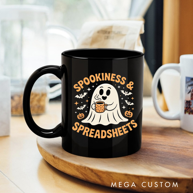 Personalized Office Worker Mug Gift Spookiness and Spreadsheets with a Cute Ghost Holding a Coffee Mug Halloween Elements Mug Gift for Coworkers