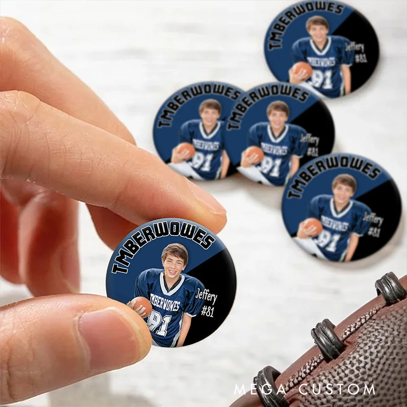 Personalized Baseball Button Pin with Custom Team Name, Player Name, Image, and Number Design