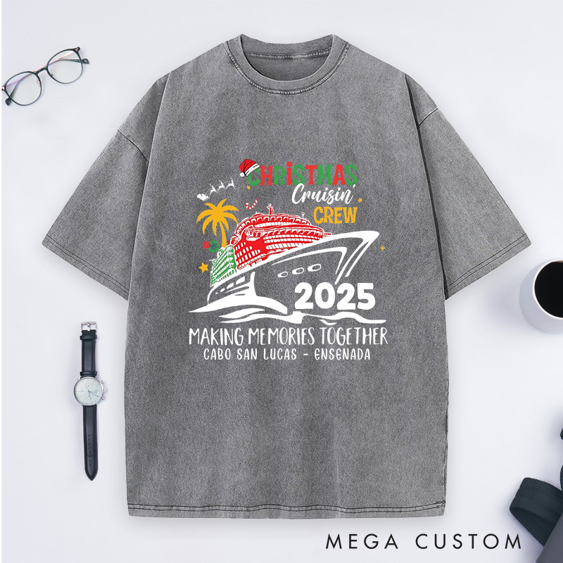 Personalized Christmas Cruise Washed T-Shirt Family Vacation Christmas T-Shirt Gift for Outdoor Travel Lover