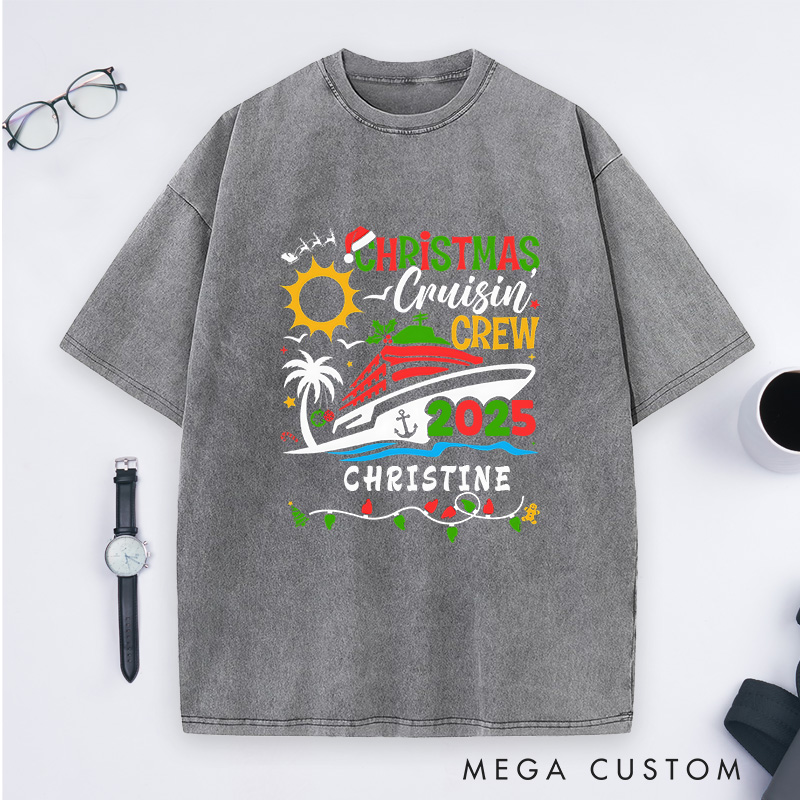 Personalized Christmas Cruisin'Crew Washed T-Shirt Family Christmas Cruise T-Shirt Gift for Outdoor Travel Lover