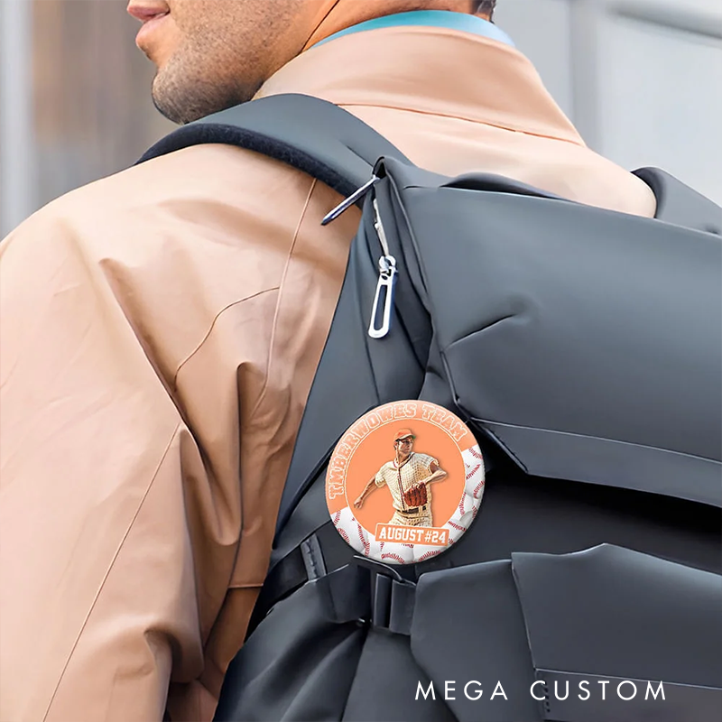 Personalized Soccer Button Pin with Custom Team Name, Player Name, Photo, and Number Design