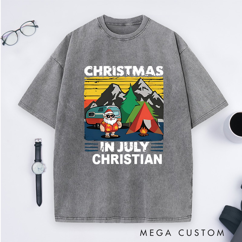 Personalized Christmas in July Washed T-Shirt Outdoor Tropical Camping Washed T-Shirt  Gift for Hiking Lover