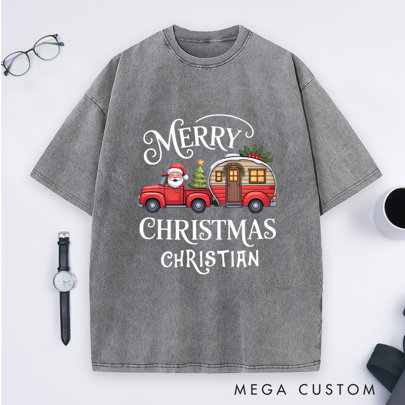 Personalized Merry Christmas Washed T-Shirt Outdoor Camping T-Shirt Gift for Adventure Hiking Lover