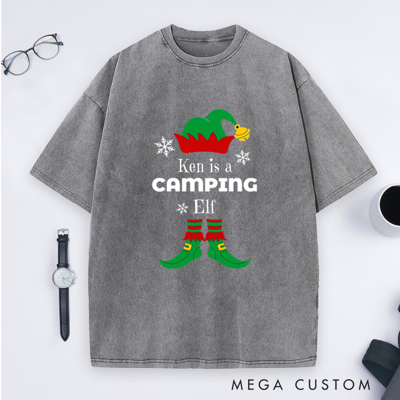 Personalized Camping Elf Washed T-Shirt Christmas Outdoor Adventure T-Shirt Gift for Hiking Lover