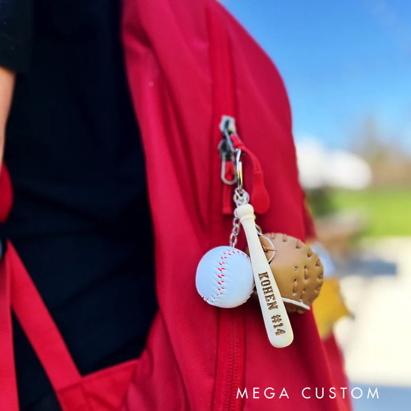 Personalized Baseball Keychain with Custom Name, Number, Glove, Bat, and Ball Charms
