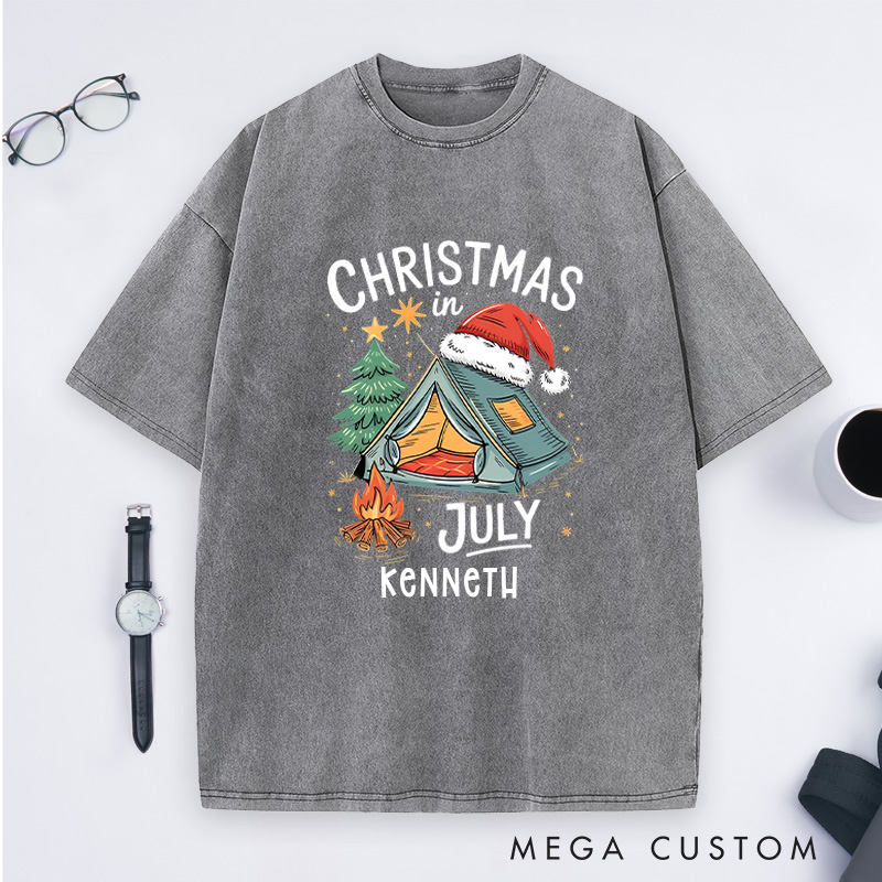Personalized Christmas in July Washed T-Shirt Outdoor Camping Lover T-Shirt Christmas Gift for Hiking Lover