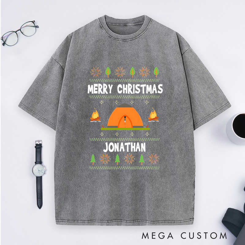 Personalized Camper Christmas Washed T-Shirt Outdoor Adventure T-Shirt Christmas Gift for Hiking Outdoors