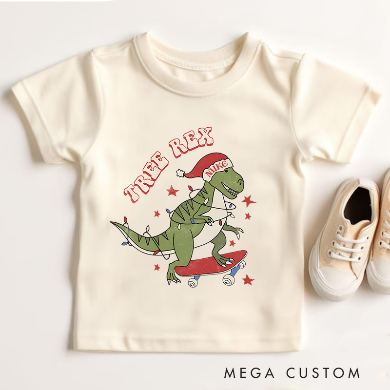 Personalized Tree Rex Retro Kids T-Shirt Cute Christmas Toddler Tee Holiday Natural Shirt