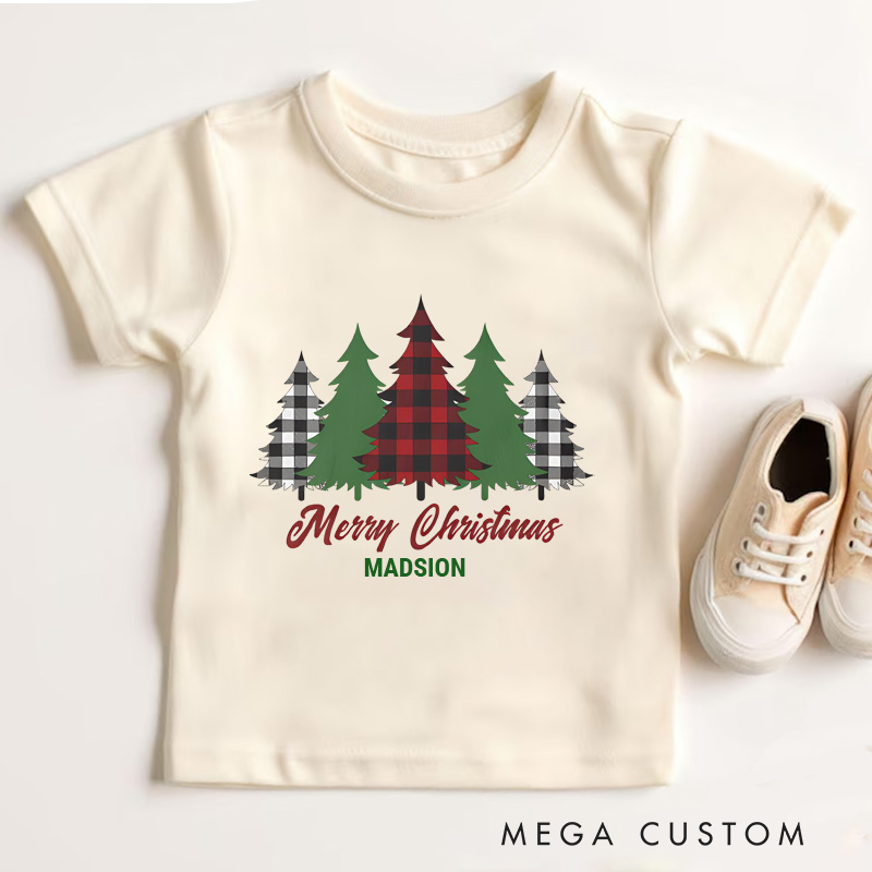 Personalized Rustic Red Plaid Merry Christmas Trees Kids T-Shirt