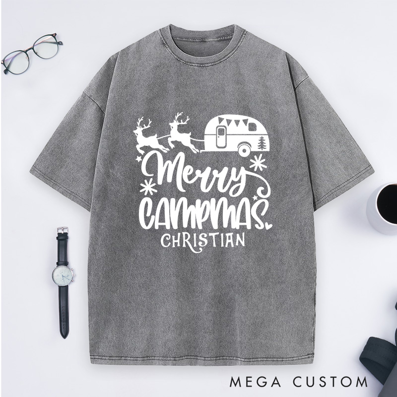Personalized Merry Campmas Washed T-Shirt Outdoors Camping Christmas T-Shirt Gift for Hiking Lover
