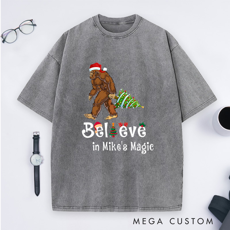 Personalized Bigfoot Adventure Christmas Washed T-Shirt Merry Christmas T-Shirt Gift for Hiking Outdoors Lover