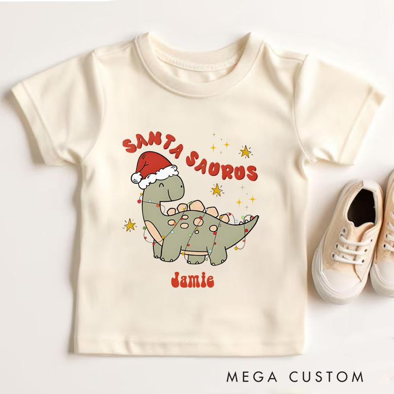 Personalized Cute Christmas Dinosaur Santasaurus Name Kids T-Shirt