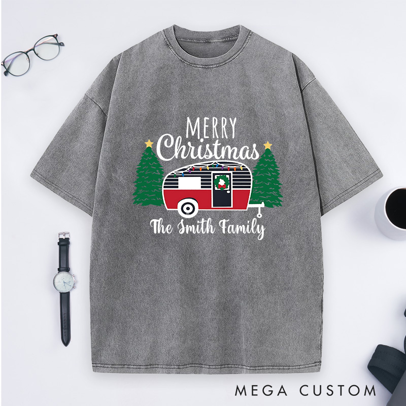 Personalized Cozy Camper Christmas Washed T-Shirt Merry Christmas T-Shirt Christmas Gift for Outdoors Lover