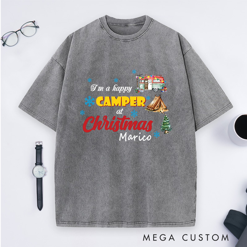 Personalized Christmas Camping Washed T-Shirt Hiking Adventure Lover T-Shirt for Outdoors Christmas Gift 