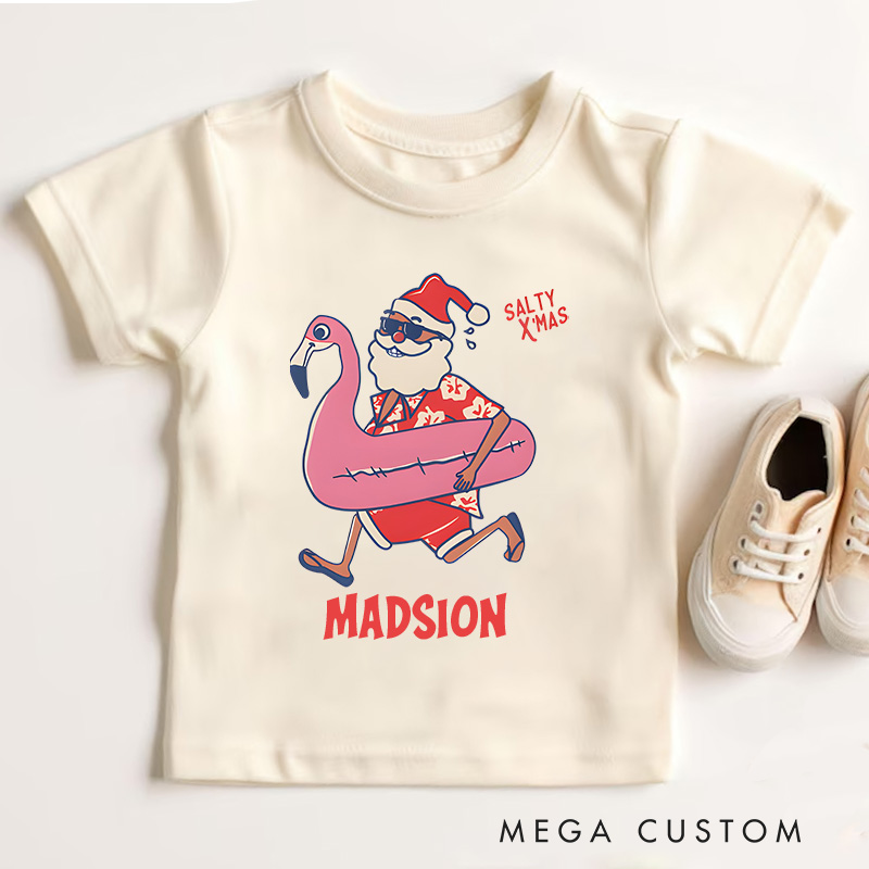 Personalized Mele Kalikimaka Santa Flamingo Christmas Getaways Kids T-Shirt