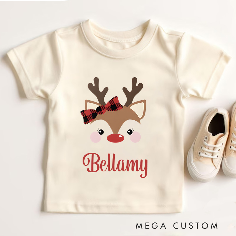 Personalized Cute Reindeer Plaid Bow Name in Red Christmas Kids T-Shirt