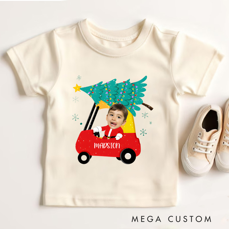 Personalized Red Car Christmas Kids Face with Photo T-Shirt 