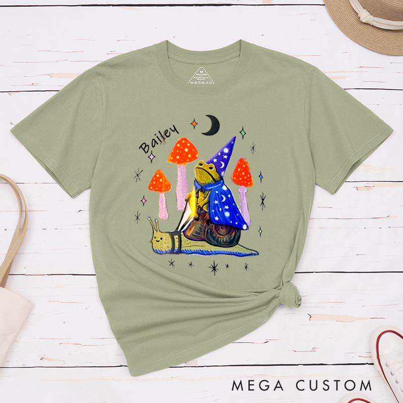 Personalized Wizard Frog Snail Ride Classic T-Shirts Custom Name Magic Fantasy Animal Gift for Nature Lovers Unisex Unique Printed Tee