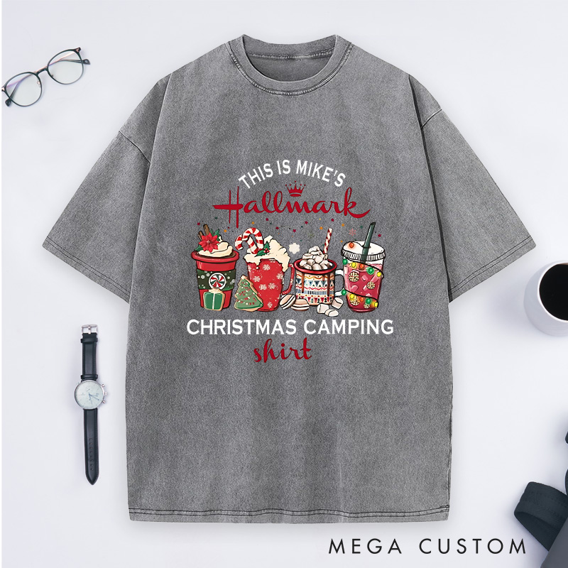 Personalized Christmas Camping Washed T-Shirt Holiday Spirit Shirt Gift for Outdoor Hiking Lover