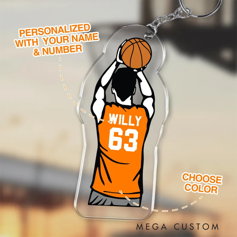 Personalized Basketball Keychain with Custom Name, Jersey Number, Shooting Pose, and Jersey Colors Design