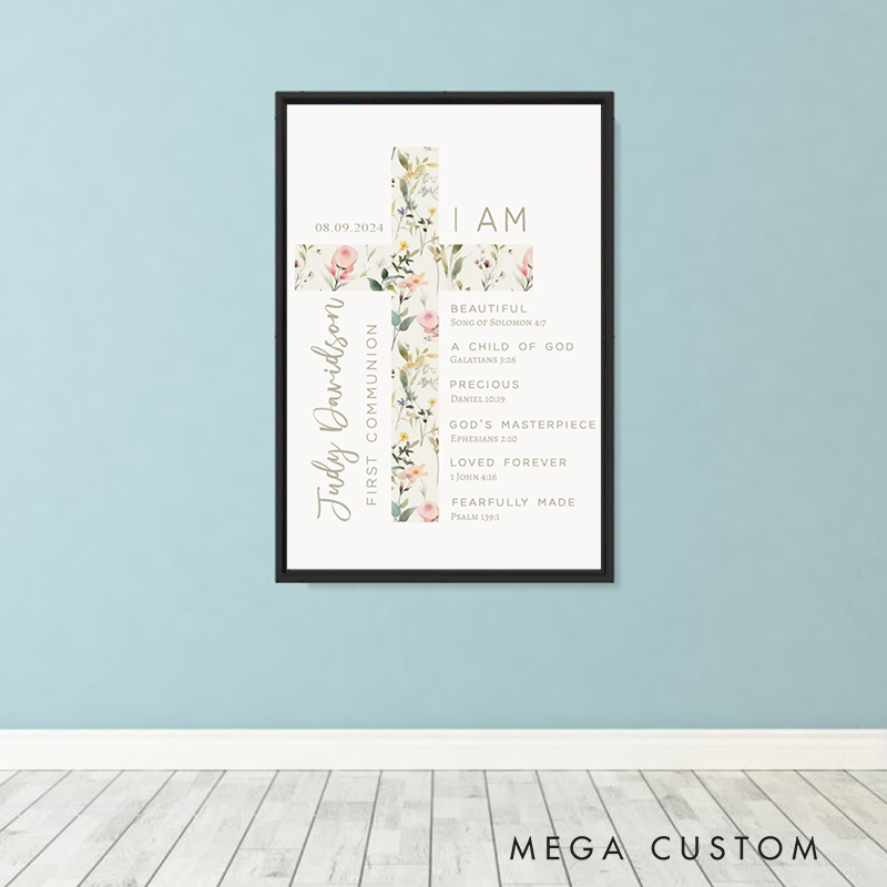 Personalized Cross Flower Bible Verse Framed Painting with Name and Text Wall Decor First Communion Gift for Girls