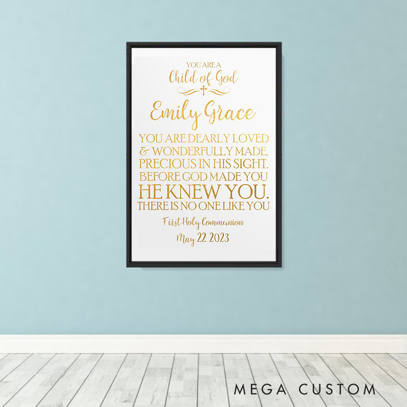 Personalized You Are a Child of God Gold Cross Framed Canvas Painting with Name and Date Wall Decor Christening Gift Religious Gift