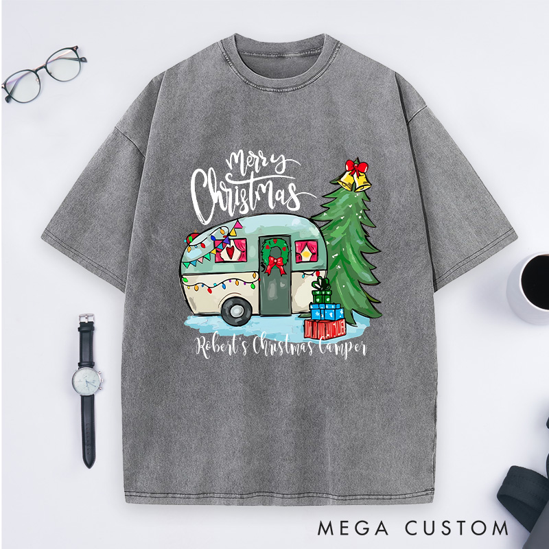 Personalized Camper Christmas Washed T-Shirt Hiking Outdoors Lover T-Shirt Christmas Gift