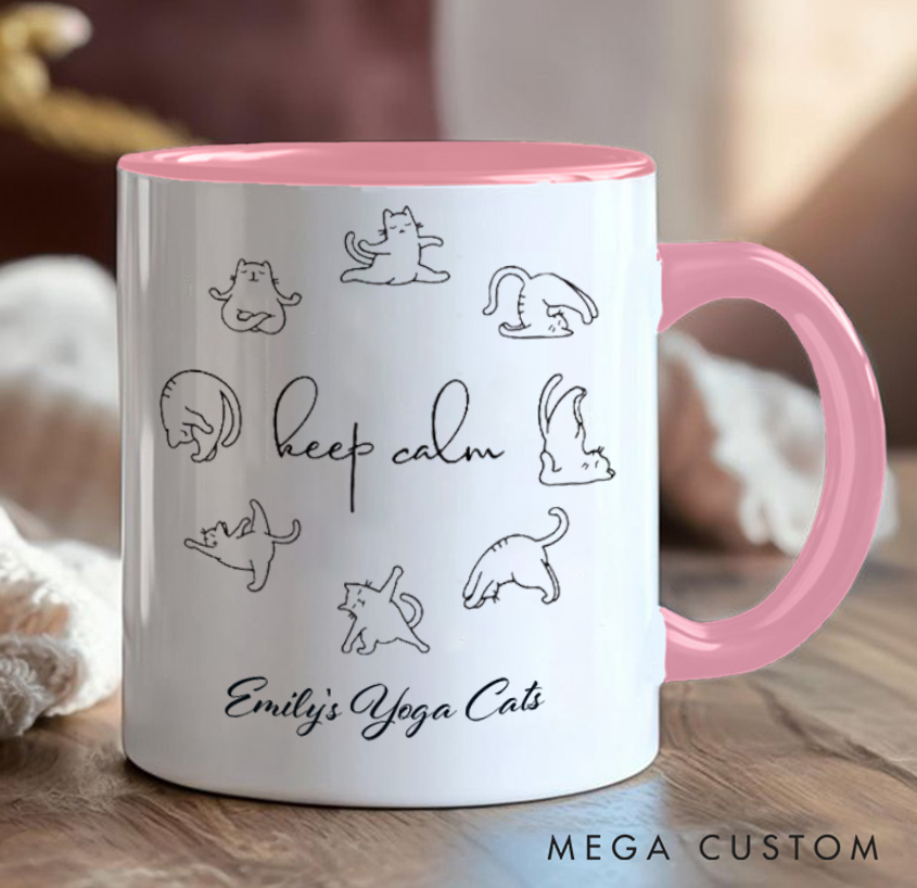 Personalized Yoga Cats Mug with Cute Cat Poses Custom Name Perfect Gift for Yoga Lover and Cat Lover