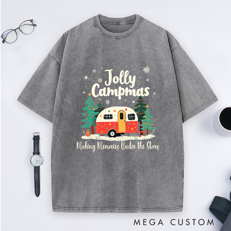 Personalized Jolly Campmas Washed T-Shirt Outdoor Camping Christmas Shirt Gift for Hiking Lover