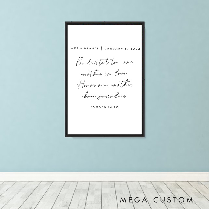 Personalized Romans 12:10 Bible Verse Framed Canvas Painting with Name and Date Religious Wall Art Gift Wedding Gift
