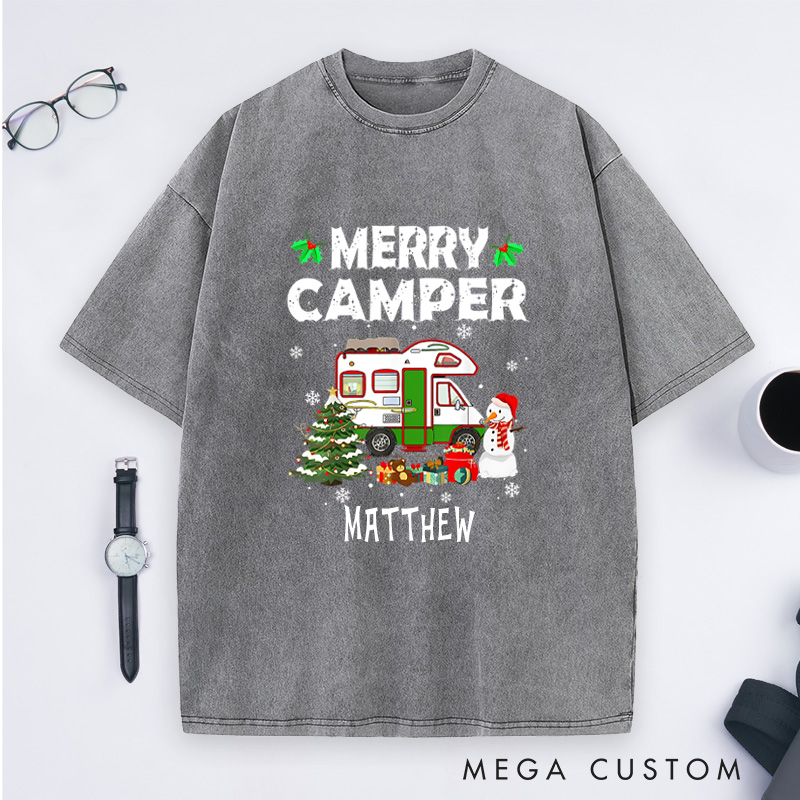 Personalized Merry Camper Washed T-Shirt Outdoor Camping Christmas T-Shirt Holiday Gift for Hiking Lovers