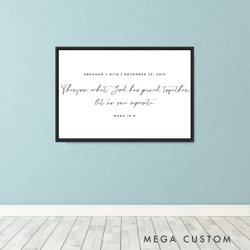 Personalized Mark 10:9 Bible Verse Framed Canvas Painting with Name and Date Religious Wall Art Gift